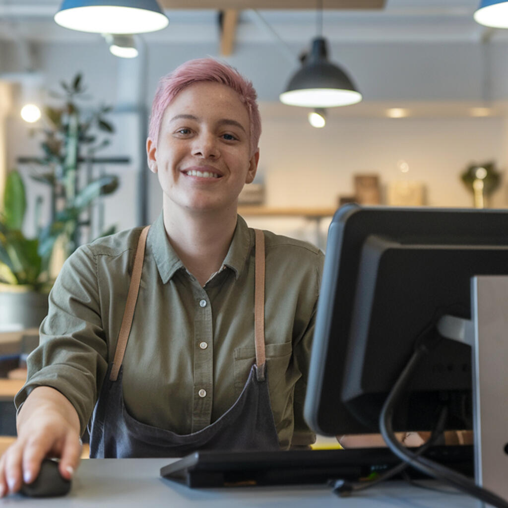 A young woman with pink hair, seated at a counter in what appears to be a cafe or a store,